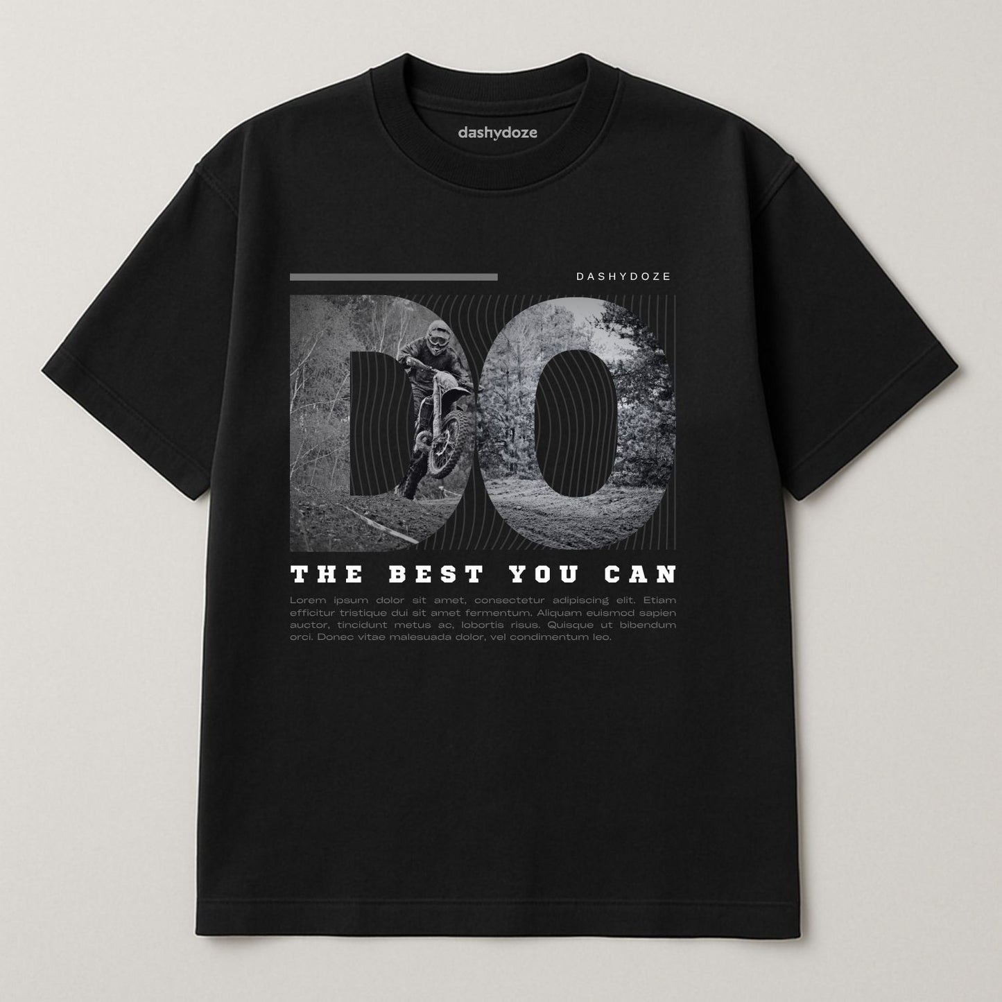 Black t-shirt with graphic design and text on a light gray background