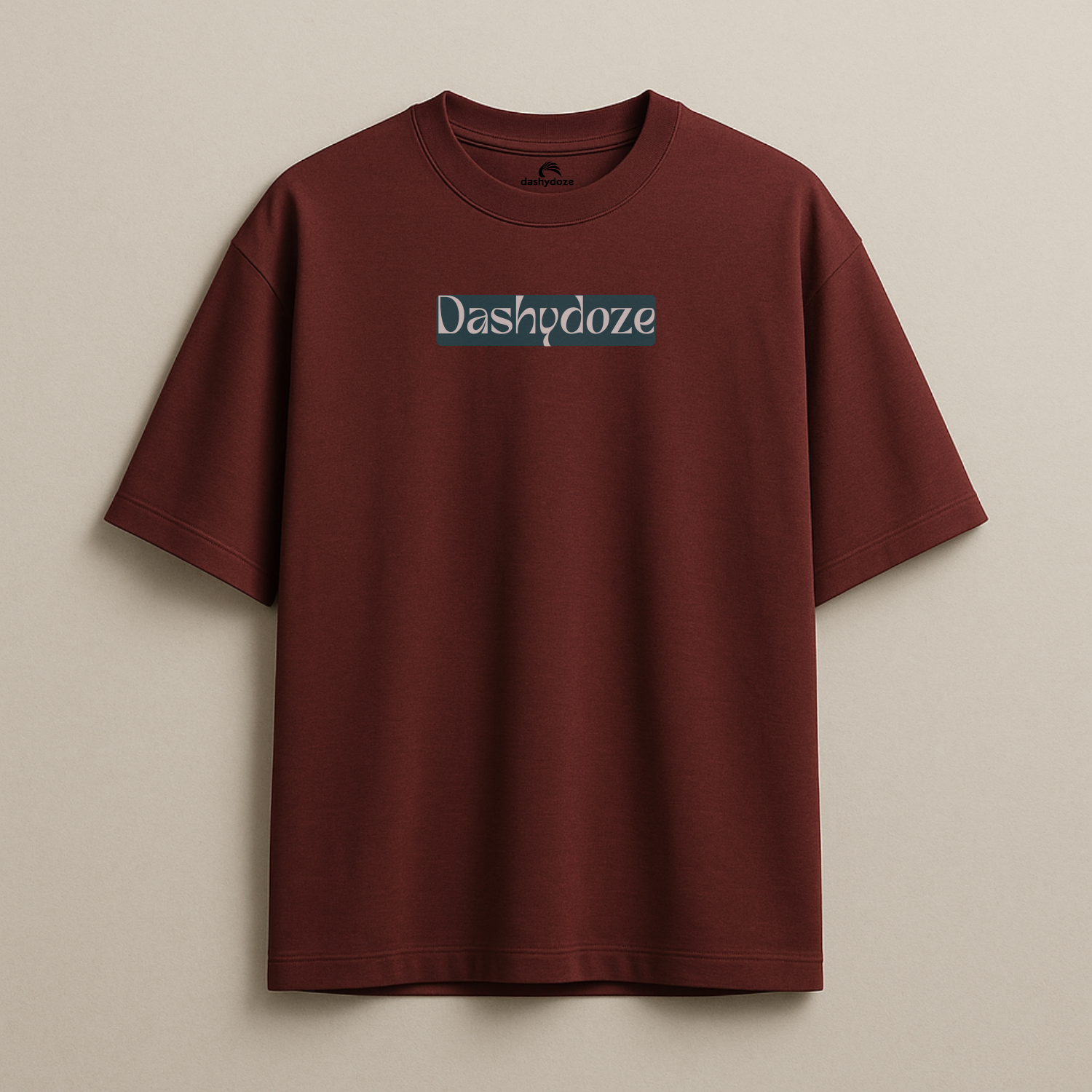 Maroon t-shirt with 'Dashdoze' logo on a beige background