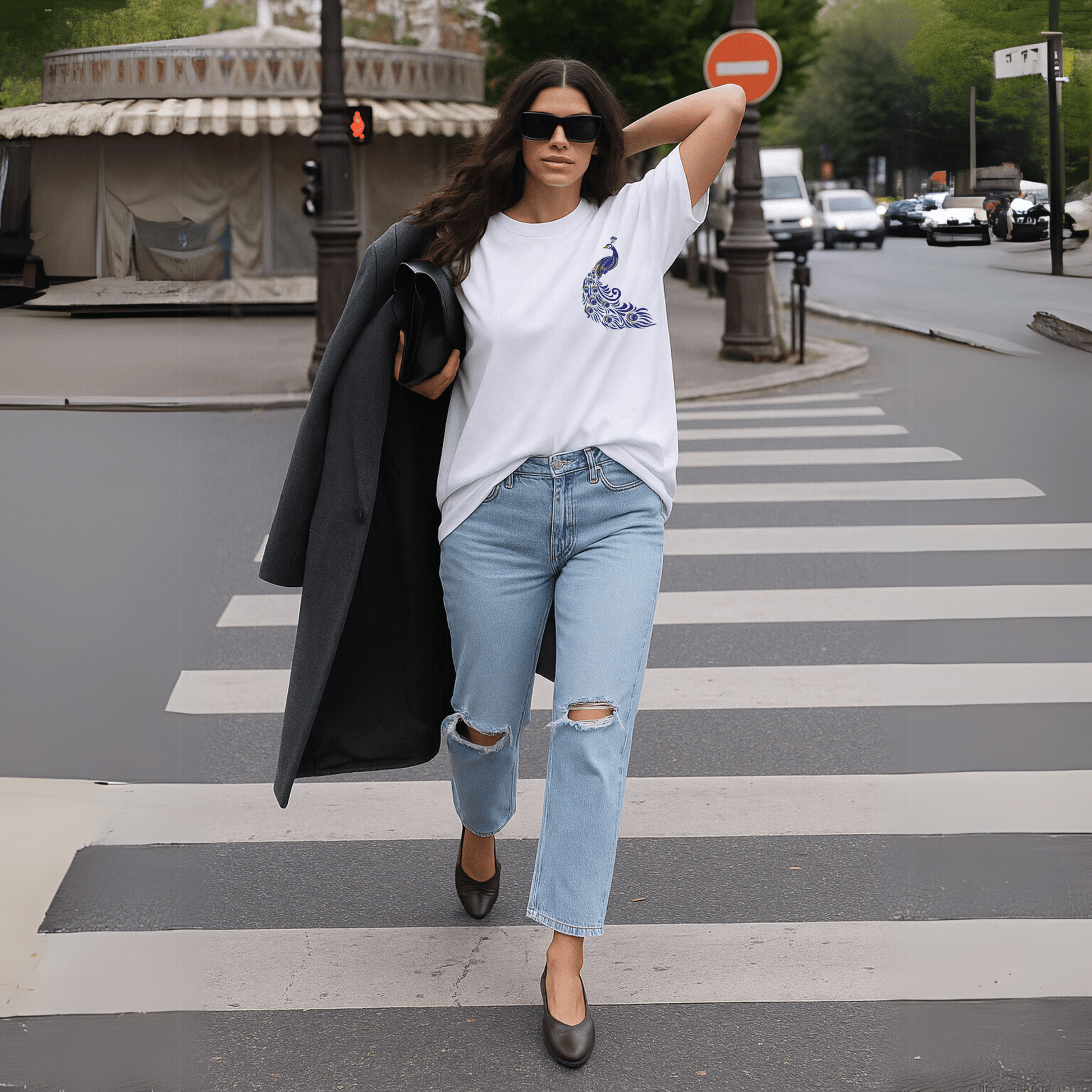 Dashydoze Oversized Peacock Tee - Unisex Streetwear in White - Dashydoze