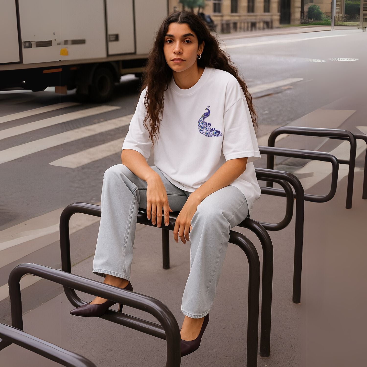 Woman sitting on a metal bench in an urban setting