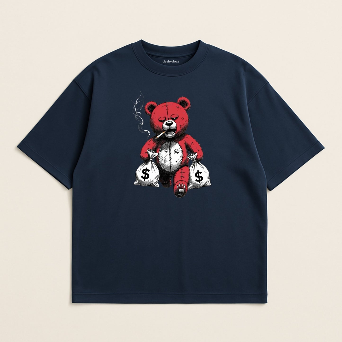 Navy blue t-shirt with a graphic of a bear smoking and holding money bags on a beige background