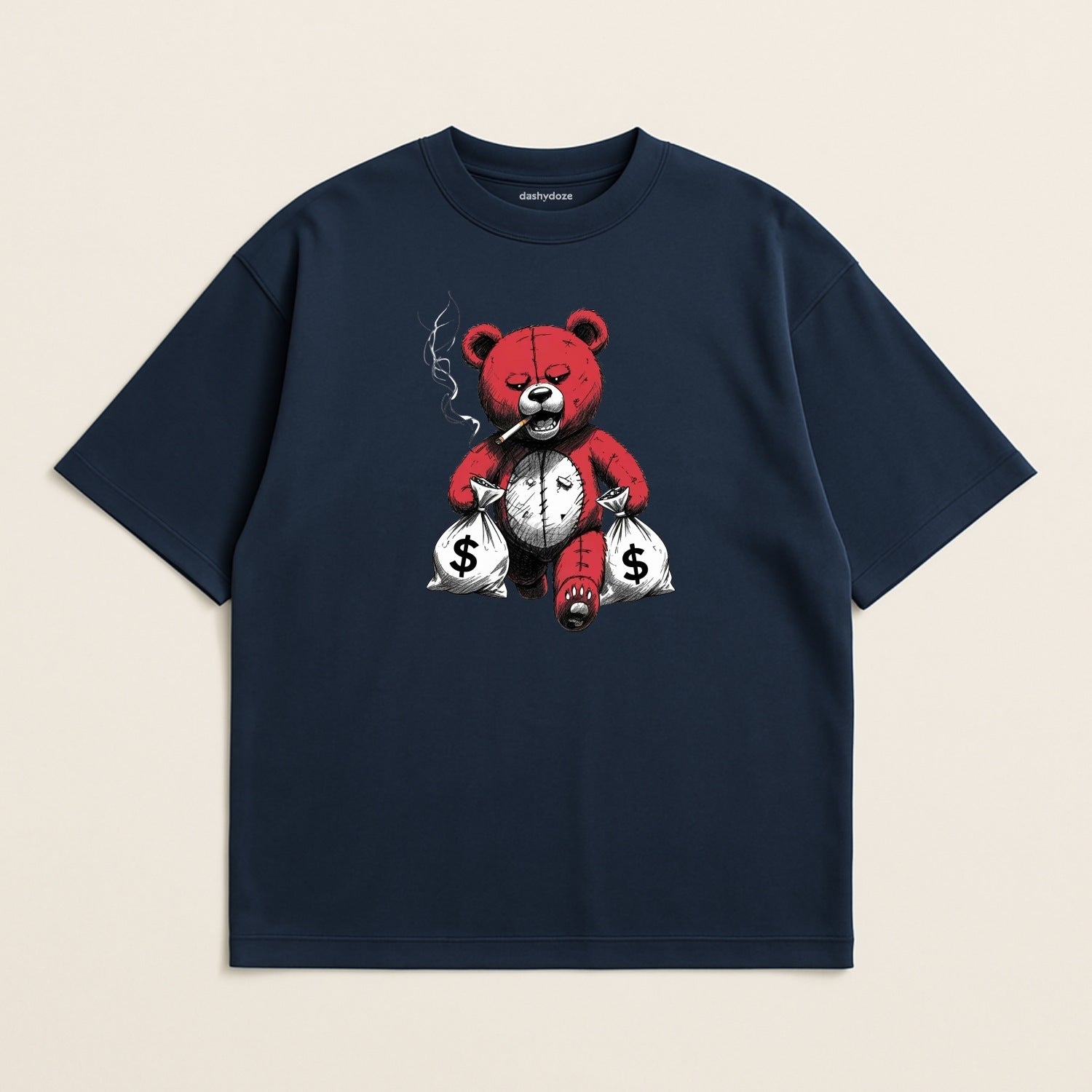 Navy blue t-shirt with a graphic of a bear smoking and holding money bags on a beige background