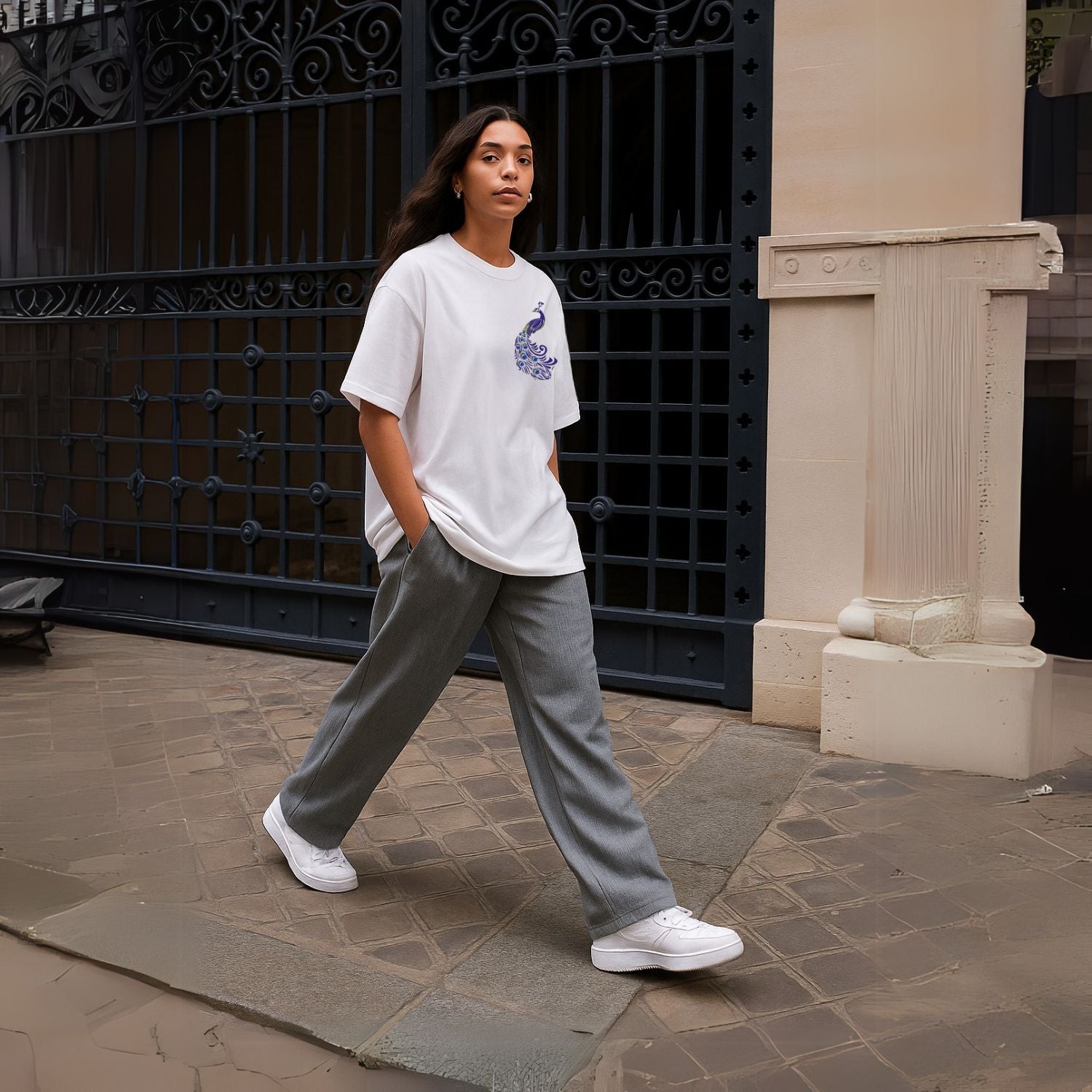 Man wearing a black t-shirt with a logo in a gym setting