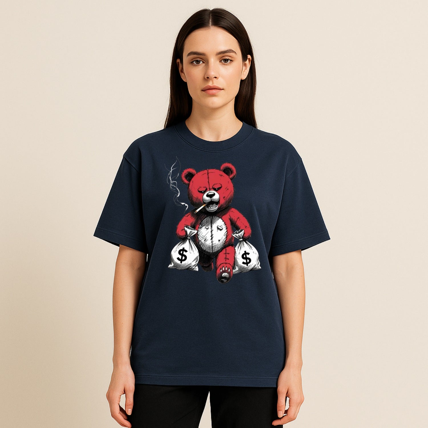 Person wearing a navy blue t-shirt with a graphic design of a bear holding money bags and smoking a cigarette.