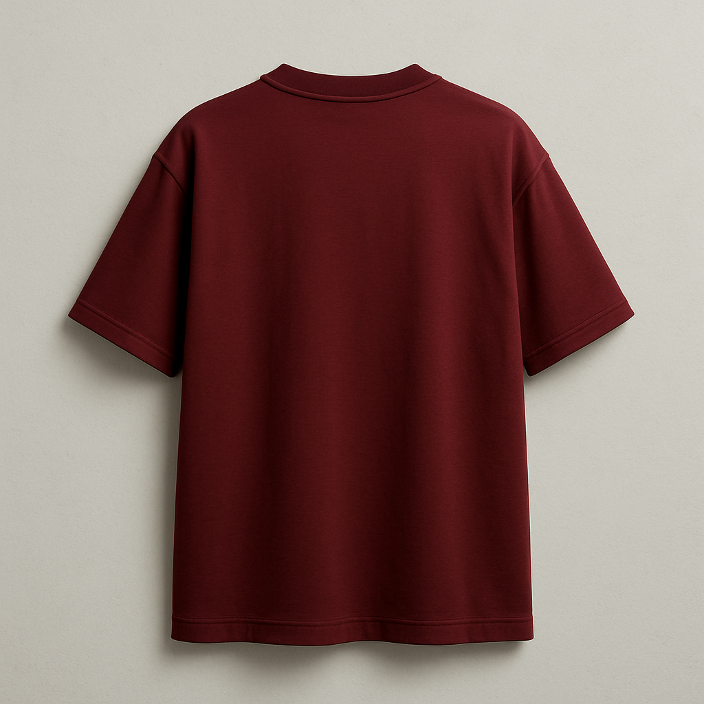 Maroon t-shirt on a light beige background