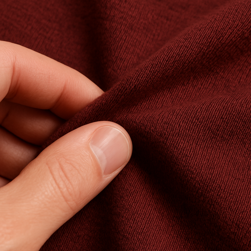 Close-up of a hand touching burgundy fabric