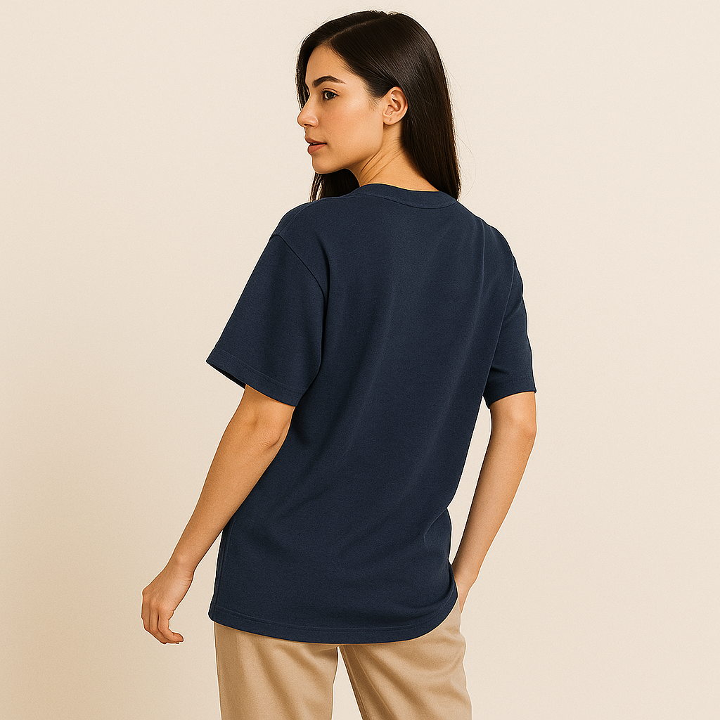 Woman wearing a navy blue t-shirt on a beige background