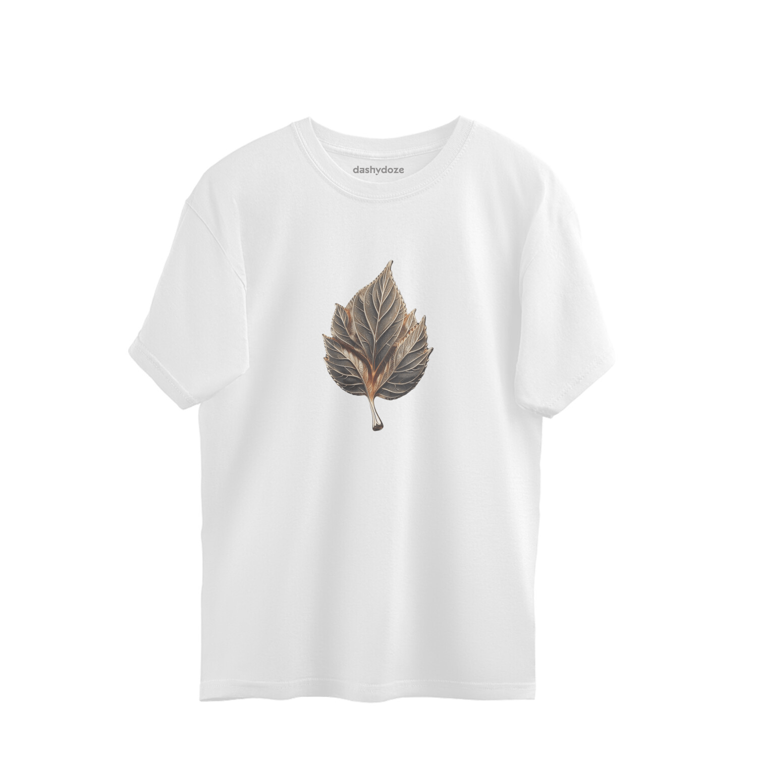 Rooted Vibes Tee – White Oversized with Leaf Print - Dashydoze