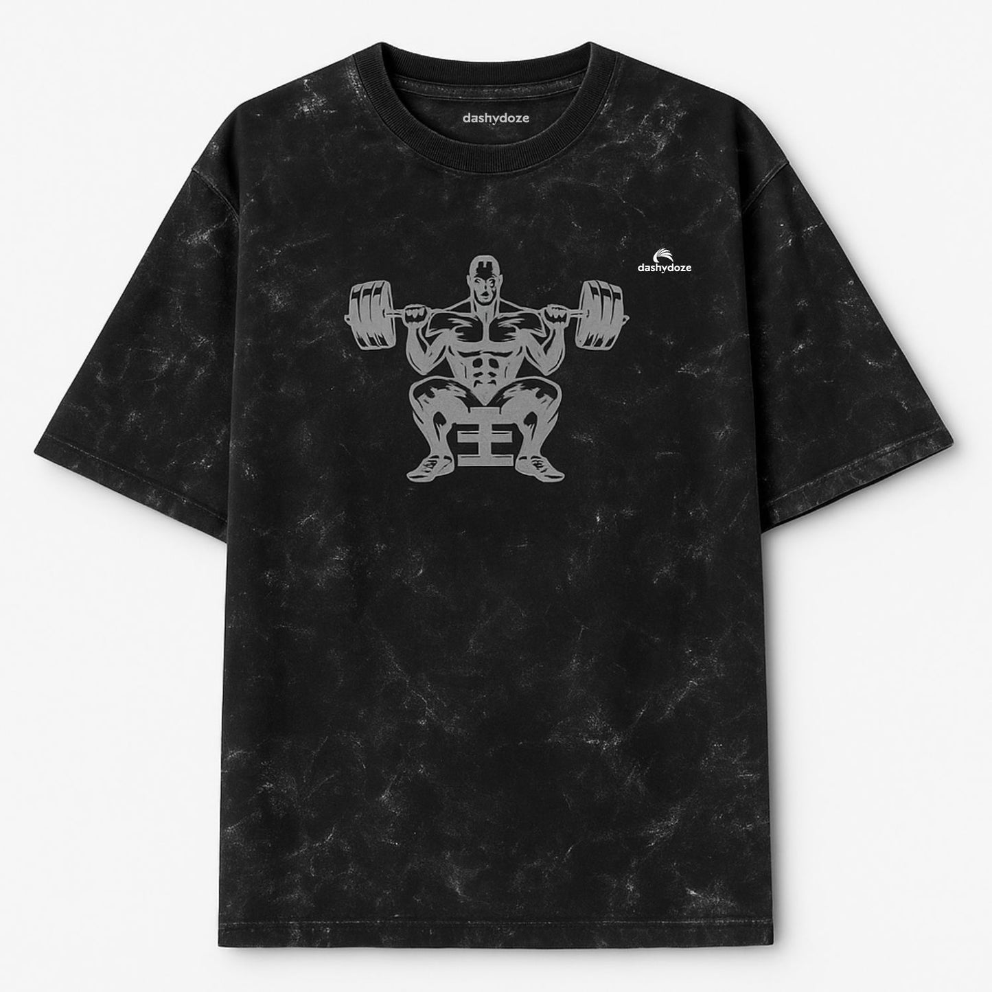 Black tie-dye t-shirt with a graphic of a muscular figure lifting weights on a white background