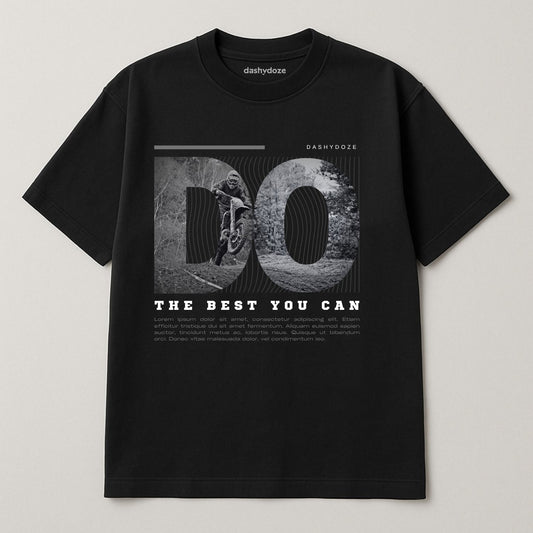 Black t-shirt with graphic design and text on a light gray background